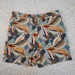 Garnet Hill Women's Medium Coastal Linen Shorts Tropical Leaf Blue Tan NWT